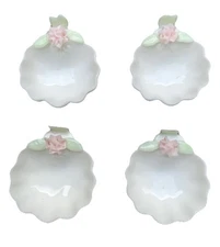 Salt Cellars Porcelain Pink Flower & Green Leaf Design Set of 4 Feminine ( H2)