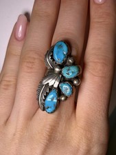 Vintage Navajo Sterling Silver Ring  Turquoise Cluster-Set Stones, Sz 6.5