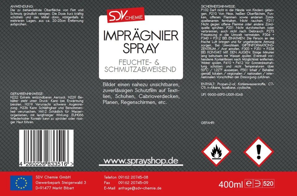 IMPRÄGNIERSPRAY 12x 400ml farblos Textilien Zelte Schuhe Planen Cabrioverdecke - Bild 2 von 2