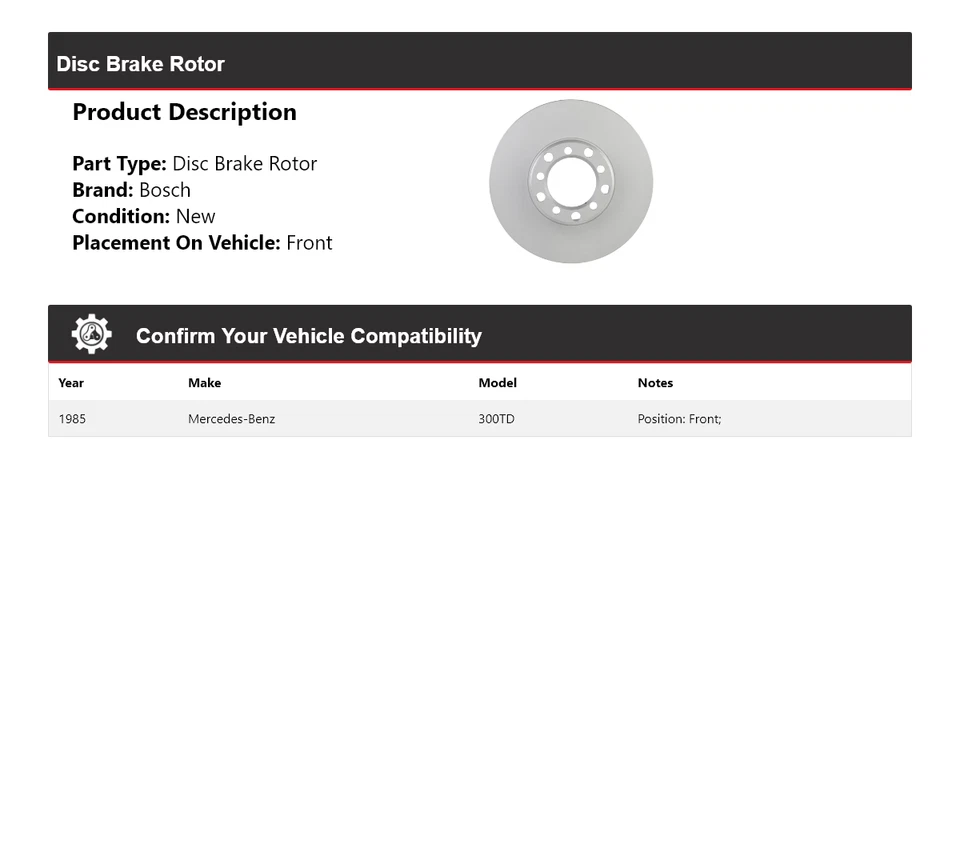 Rotor de freno de disco delantero para Mercedes 300TD Bosch QuietCast 1985 Foto 2 de 4