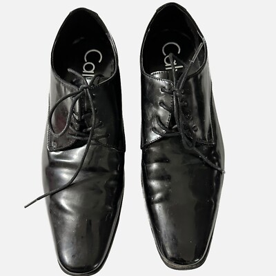 CALVIN KLEIN Black Brody Oxfords Dress Shoes Patent Leather Lace Ups Size  12