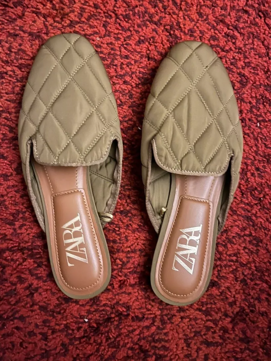 Zara Khaki Green Quilted Flat Mules EU Size 37 UK 4 NEW
