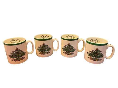 4 Spode Christmas Tree Tom & Jerry Mugs 10 oz Made in England Green Trim