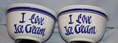 2 Large I Love Ice Cream Blue Striped Clay Design Stoneware Crock Bowls