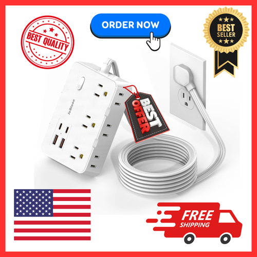 10 Ft Extension Cord With 6 Outlets & 3 USB Ports – Surge Protector Power Strip, Flat Plug, For Home, Office, Dorm & Travel