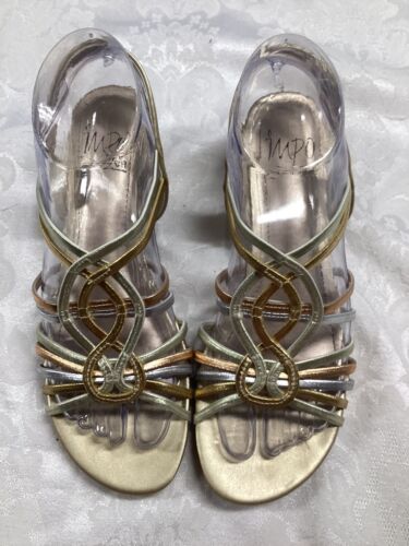 Impo Gold Silver Slingback Sandals Womens 7.5M Wedge Stretch Strappy Shoes 69$