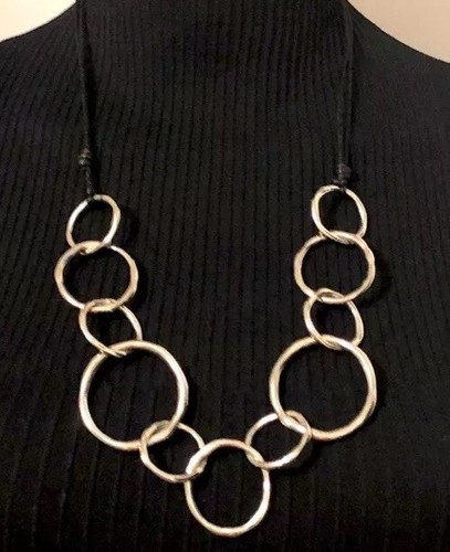 Escape From Paris Uneven Silver Rings Links Adjustable Black Cord Necklace