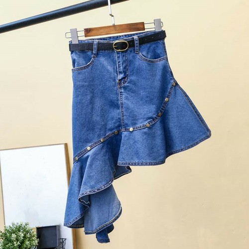 Damen asymmetrisch Rüsche Denim Rock Petticoat Gürtel Bodycon blau Kleider - Bild 20 von 20
