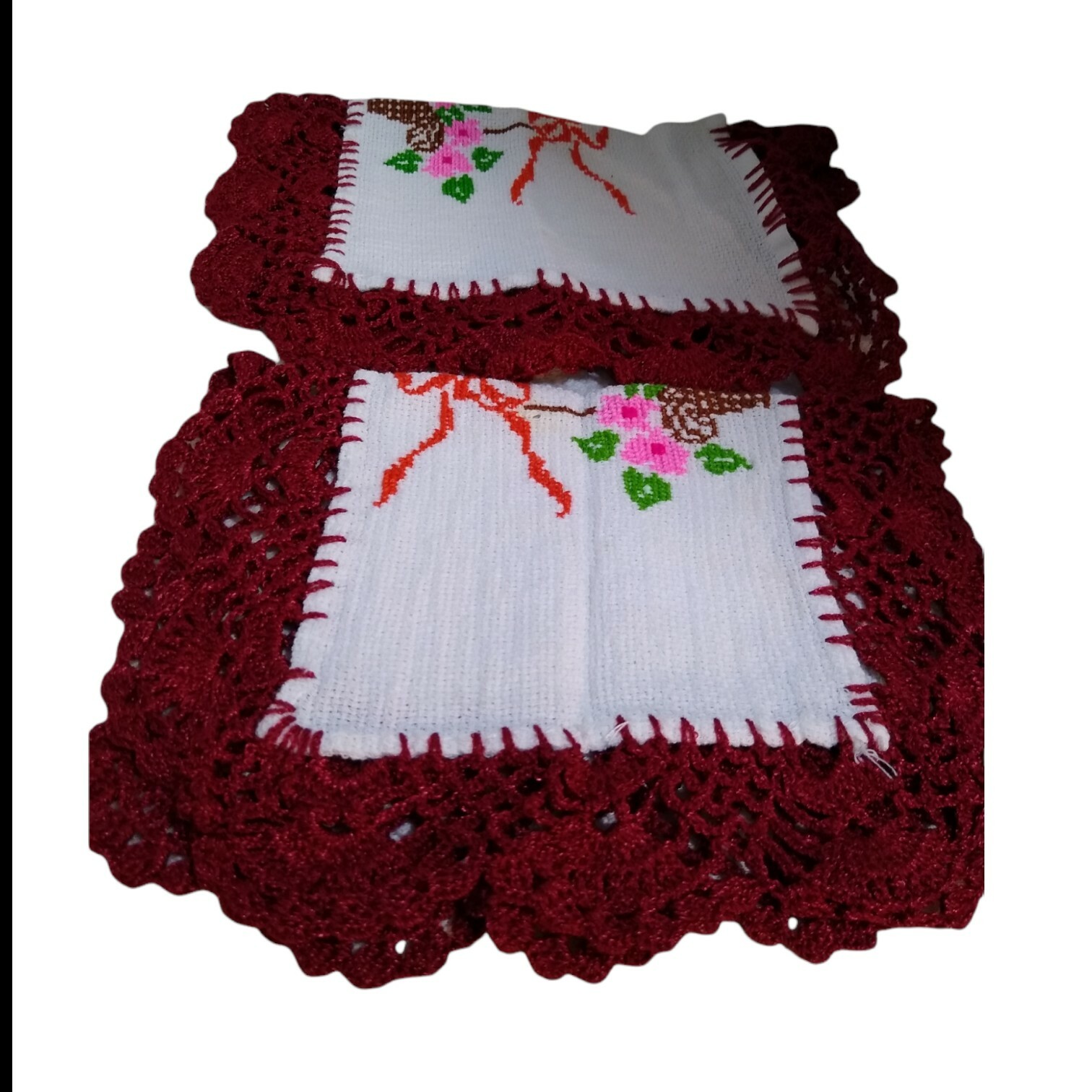 Vintage NAPKINS 2 Burgundy CROCHET LACE TRIM & EMBROIDERY Antique eBay