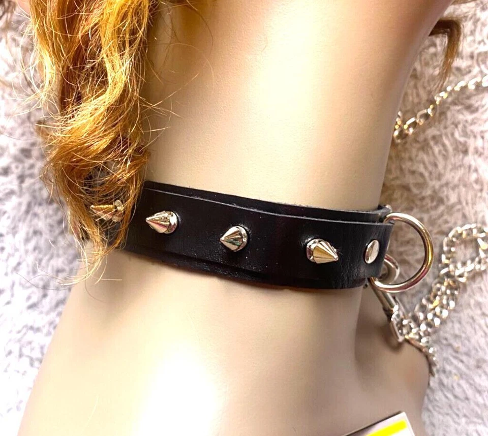 Gargantilha colarinho com corrente trela rebite cravejado couro ecológico gótico punk bondage NOVO - Imagem 3 de 4