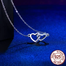 Beauty 925 Sterling Silver CZ Women Double Love Heart Dangle Pendant Necklace
