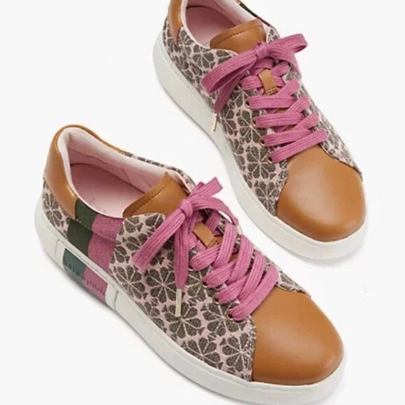 Kate Spade Flower Jacquard Keswick Sneakers Pink Green Strip Size 6 | eBay