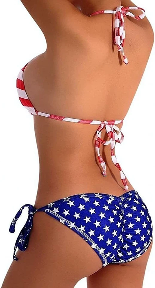 American Flag Print Halter Triangle Bikini Swimsuit - Sexy, 4th of July Party - Image 3 of 4
