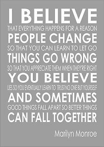 Marilyn Monroe Quote I Believe That Everything Happens For A Reason Print A3 Ebay