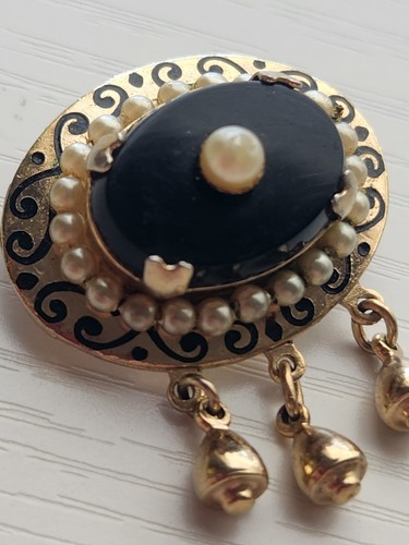 Vintage Victorian Revival Black Onyx Faux Pearls Dangles Oval Mourning Brooch - Picture 4 of 11