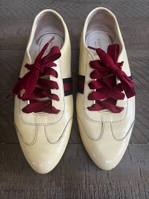 Gucci Classic Women  Leather Sneakers Web Detail Lace Up Low Top sz. 36.5