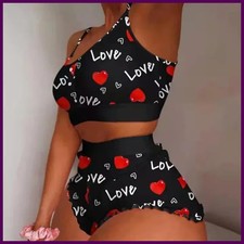 Love Printed Lace Sling Crop Tops and Shorts Summer 2-Piece Pajama Set Women