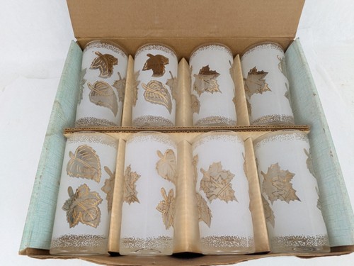 VTG Gold Leaf Frosted Foliage 8 Highball Glasses IN BOX MCM Mid Century - Picture 6 of 9