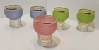 Vtg Anchor Hocking Rare Sugar Frosted Glasses Pink Blue Green with Gold Rim 3.25