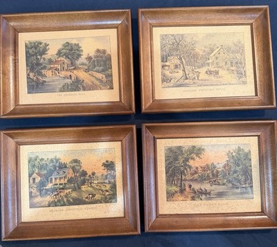 Courier & Ives Lithograph Print Set Wood Rustic Frames Homestead Collection ￼￼