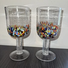 Baja Confetti Glass Water Goblets Set of 2 Mexican Hand Blown 8" 20 Oz Bubble