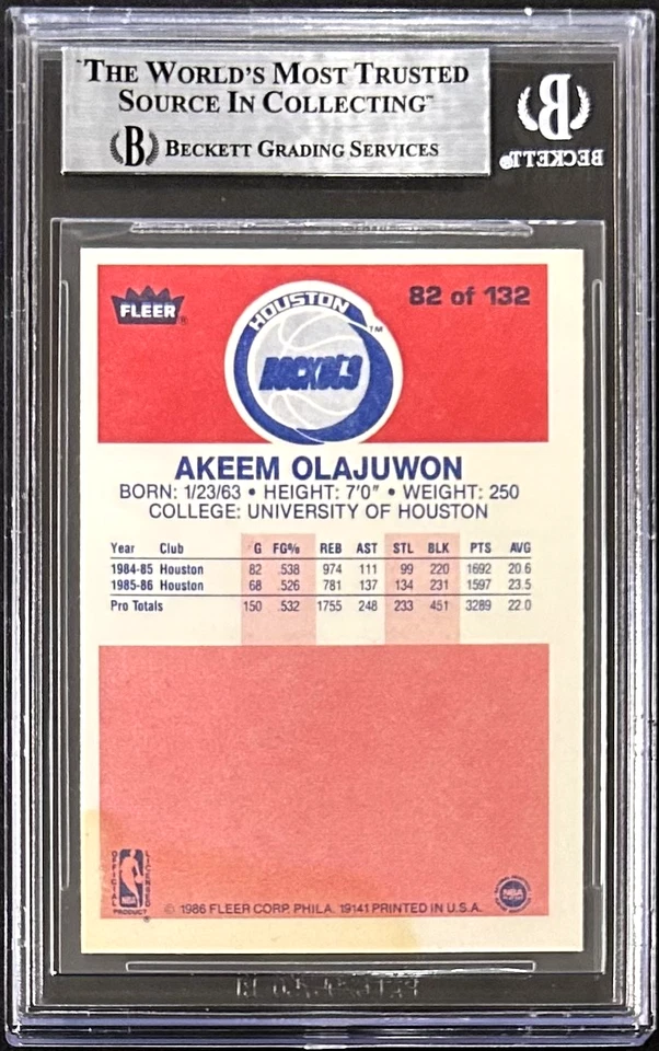 Tarjeta de novato Fleer firmada por Hakeem "Akeem" Olajuwon 1986-87 #82 Beckett 16911565 Foto 2 de 2