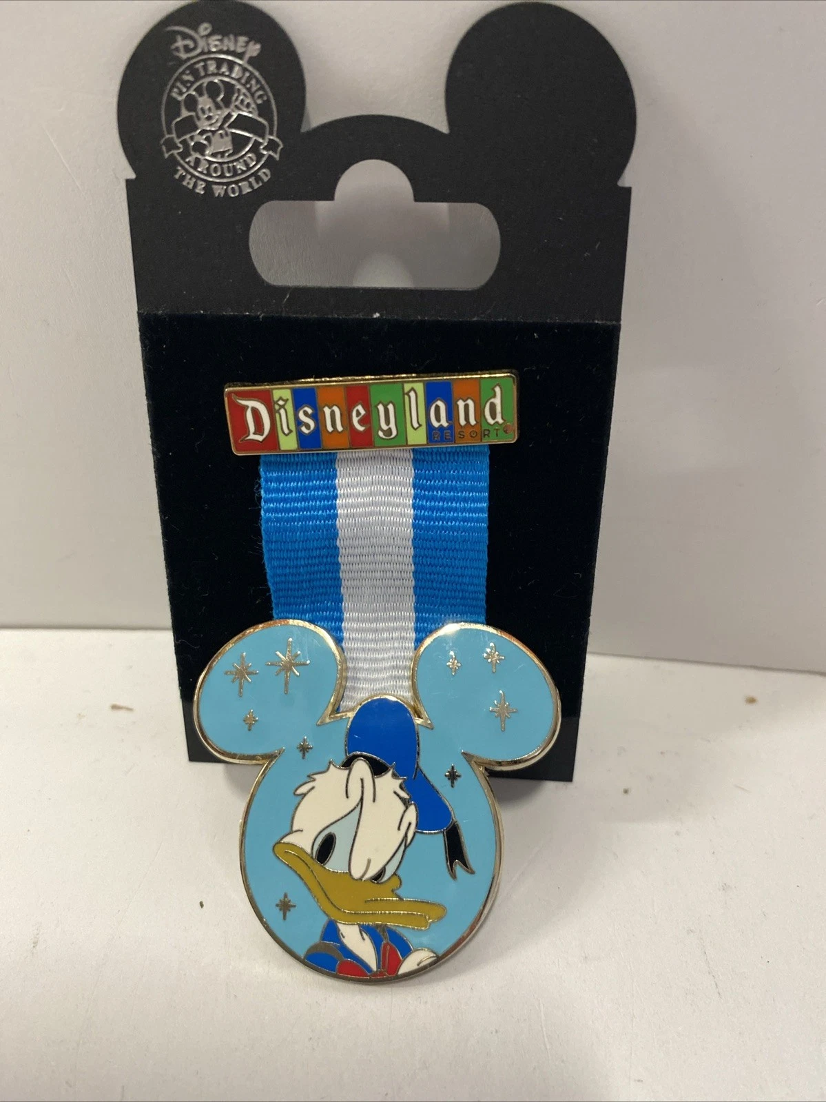 DISNEYLAND Military Ribbon Pin Donald Duck Blue White Mickey Ears Metal 2007