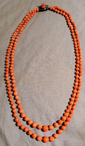 Beautiful Antique Double Strand Coral Necklace with Coral Cameo Clasp  - product listing photo