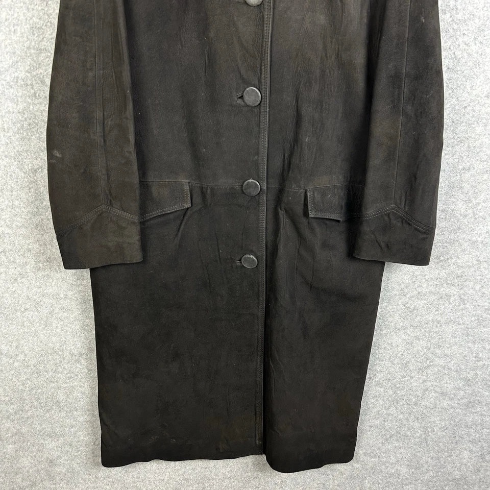 Vintage Long Suede Coat Size Small Black Overcoat Jacket Collared Button 80s 90s — 第 3/4 张图片