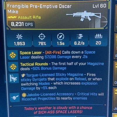 Borderlands 4 LVL 60 GOD ROLL OSCAR MIKE TORGUE JAKOBS 57K LASER All PLATFORM