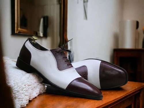 Handmade White & Brown Lace up Leather Shoes, Cap Toe Brogue Shoes For Men