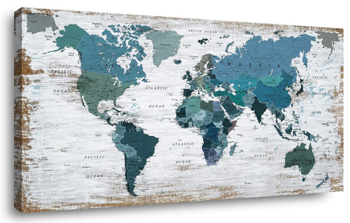 Teal World Map Wall Art Watercolor Abstract Wall Decal Large Office Canvas Wa...
