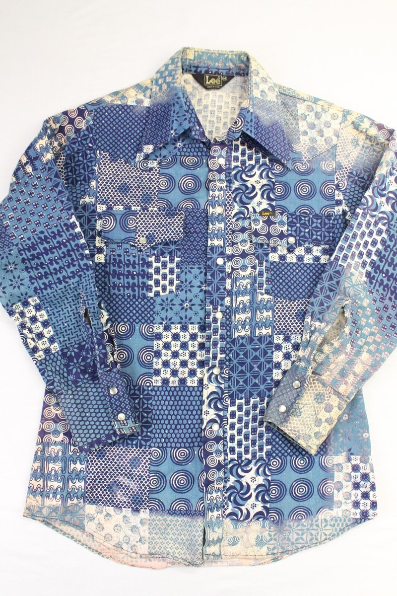 Vintage 70s USA Made Lee Men's Medium Blue Abstract AOP Pearl Snap