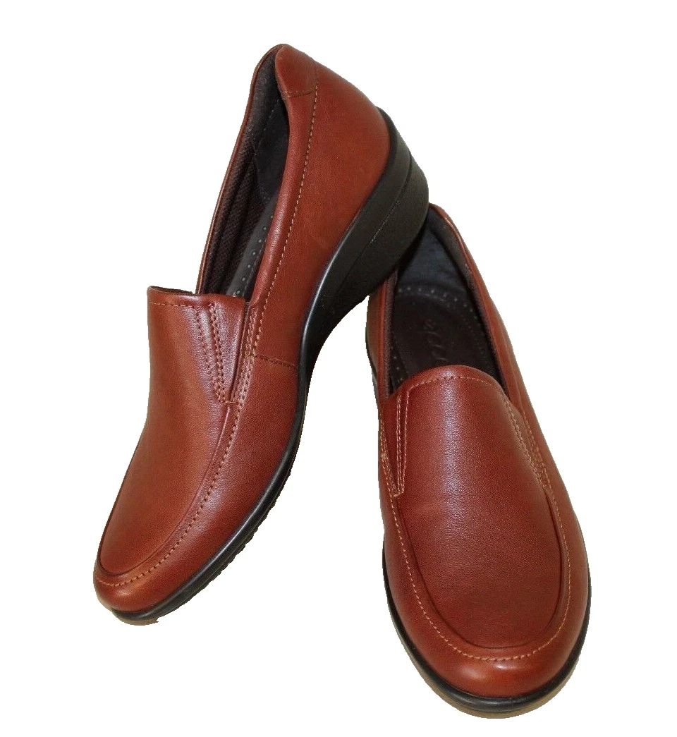 Mocassini donna Ecco tacco zeppa tg 9 9 5 40 pelle marrone grembiule punta slip on