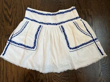 Isabel Marant White Cotton Gauze Mini Skirt Blue Embroidered Trim - Sz 36 / XS