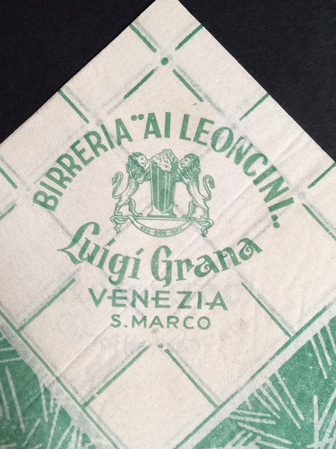 BIRRERIA Ai Leoncini Luigi Grana Venezia Italy Cafe Paper Luncheon Napkin c1951
