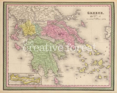 GREECE, Vintage 19th Century Map Reproduction Rolled Paper PRINT 29x24 in.