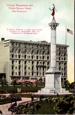 Postcard Victory Monument and Union Square Hotel in San Francisco, California