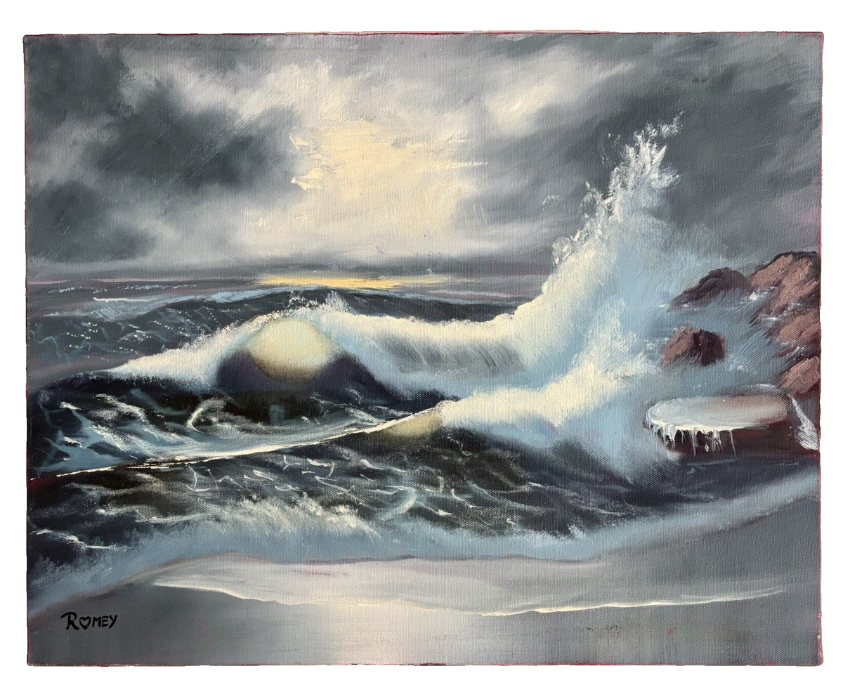 90s Seascape Oil Painting Sunset Waves Coastal Art 20x16