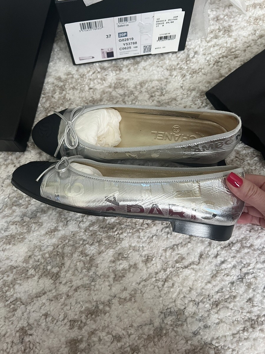 CHANEL バレリーナ シルバー chanel ballerinas laminated goatskin and grosgrain silver & black