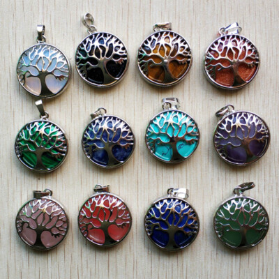 Assorted Natural stone alloy tree of life Pendants jewelry Wholesale 12pcs