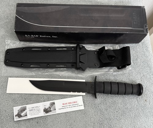 KA-BAR 1211 (02-1214) Full Size Black 7' Serrated Edge Knife w/Sheath NEW!
