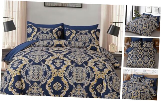 Comforter Set Size,Damask Texture 7 Pieces Bed in a Bag Queen Blue Gold-image