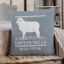 Farmhouse 18"x18" Lamb Pillow Blue Stenciled Sawyer Bedroom Decor VHC Brands