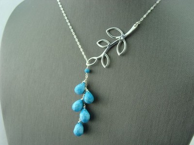 Turquoise Leaf Lariat Necklace · 925 Sterling Silver · Blue Gemstone Cascade ·