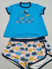 sesame street cookie monster womens pajamas 2 piece set size Large read