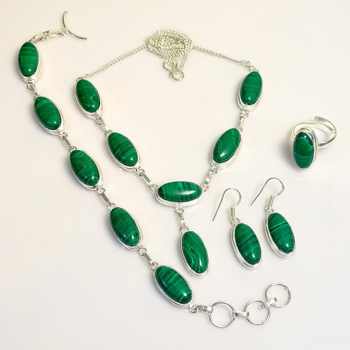 Malachit 925 Sterling Silber Oval Edelstein Toll Halskette Schmuckset PG 2605 - Bild 3 von 6