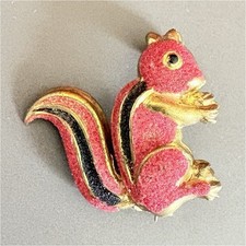 Vintage Red Gold Black Enamel Squirrel Animal Pinback Brooch