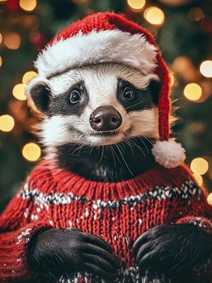 Dachs in Nikolausmütze - Humorvoll Urlaub Tier Weihnachten Wandbild Druck A1-A4 Pos