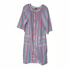 Vintage 80s 90s Models Coat Stripe House Dress Pearl Snap Front Pockets Large L